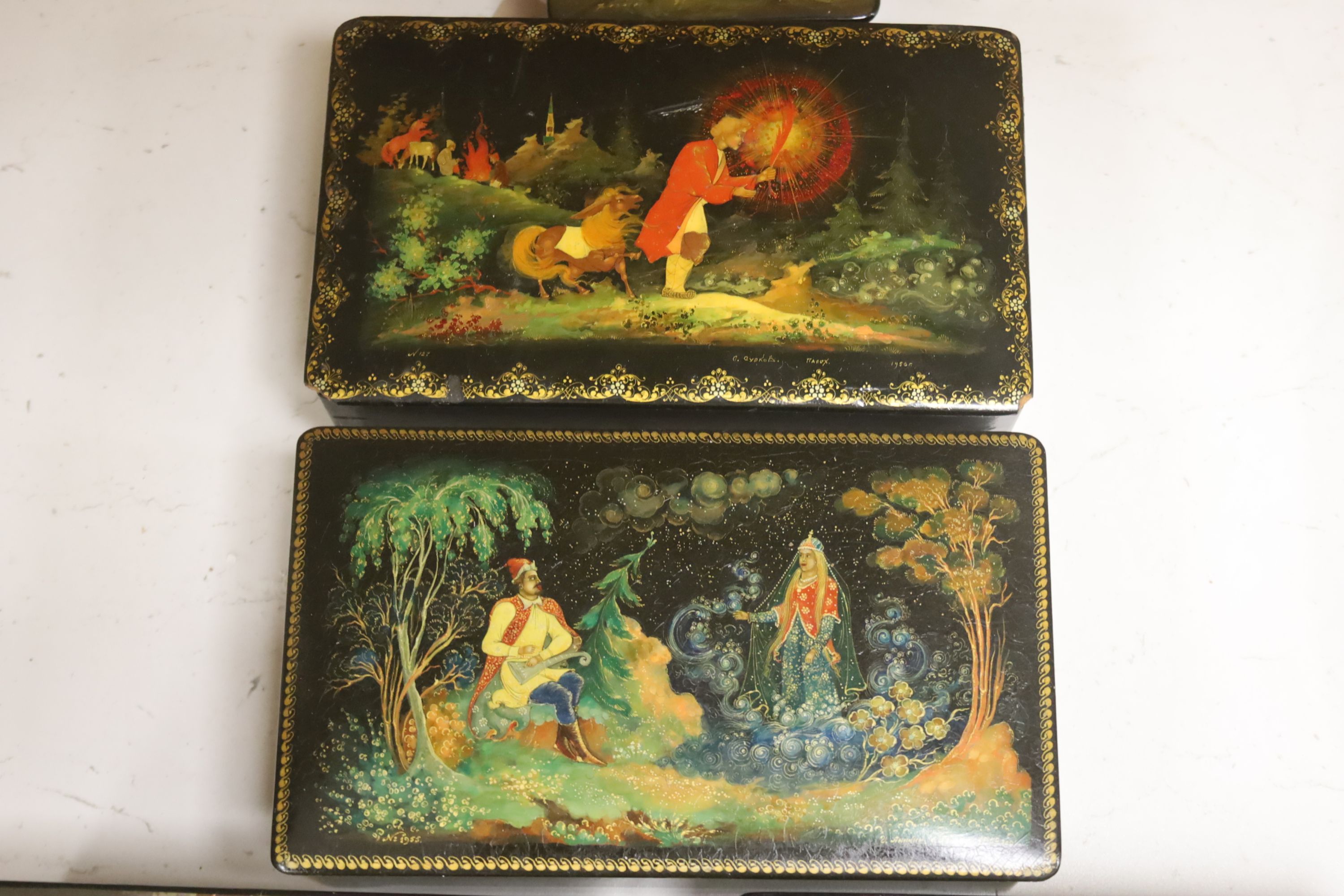 Six various Russian painted papier mache boxes